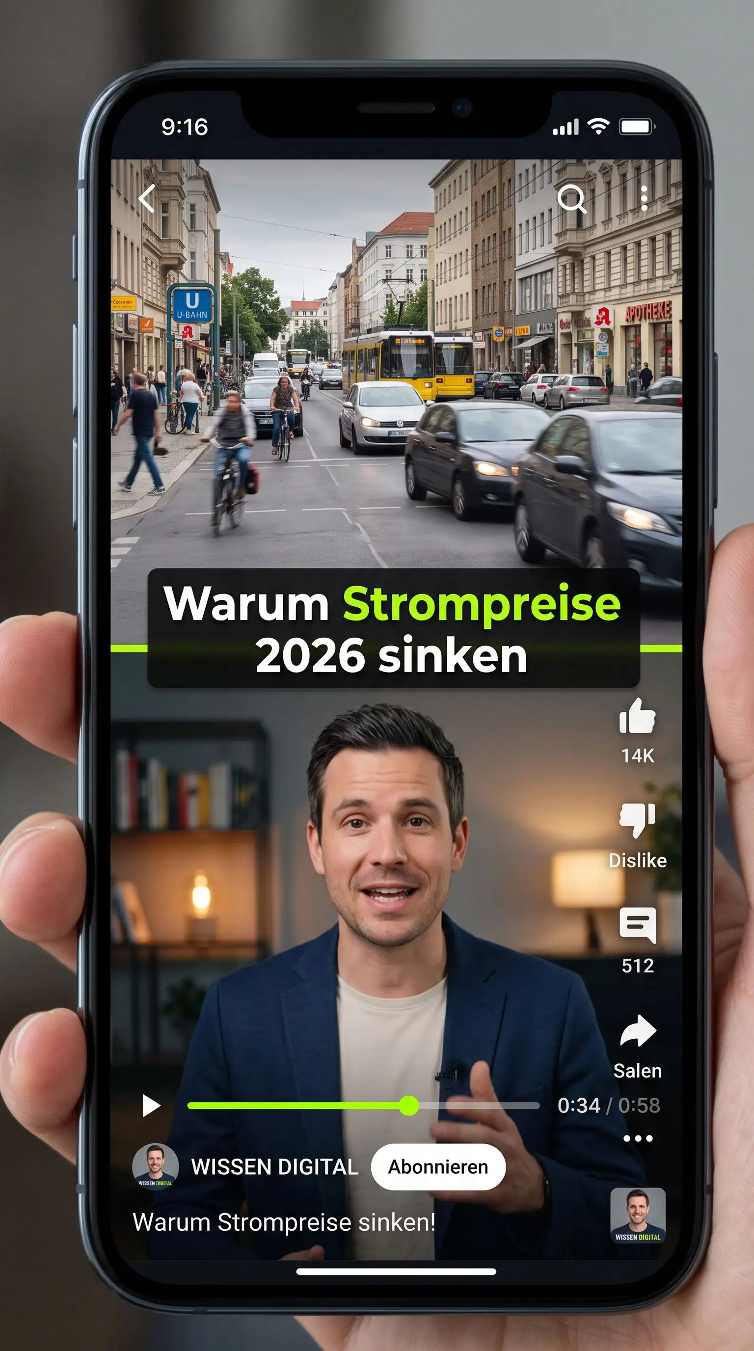 UGC67 German Short output: electricity prices topic with split-screen layout