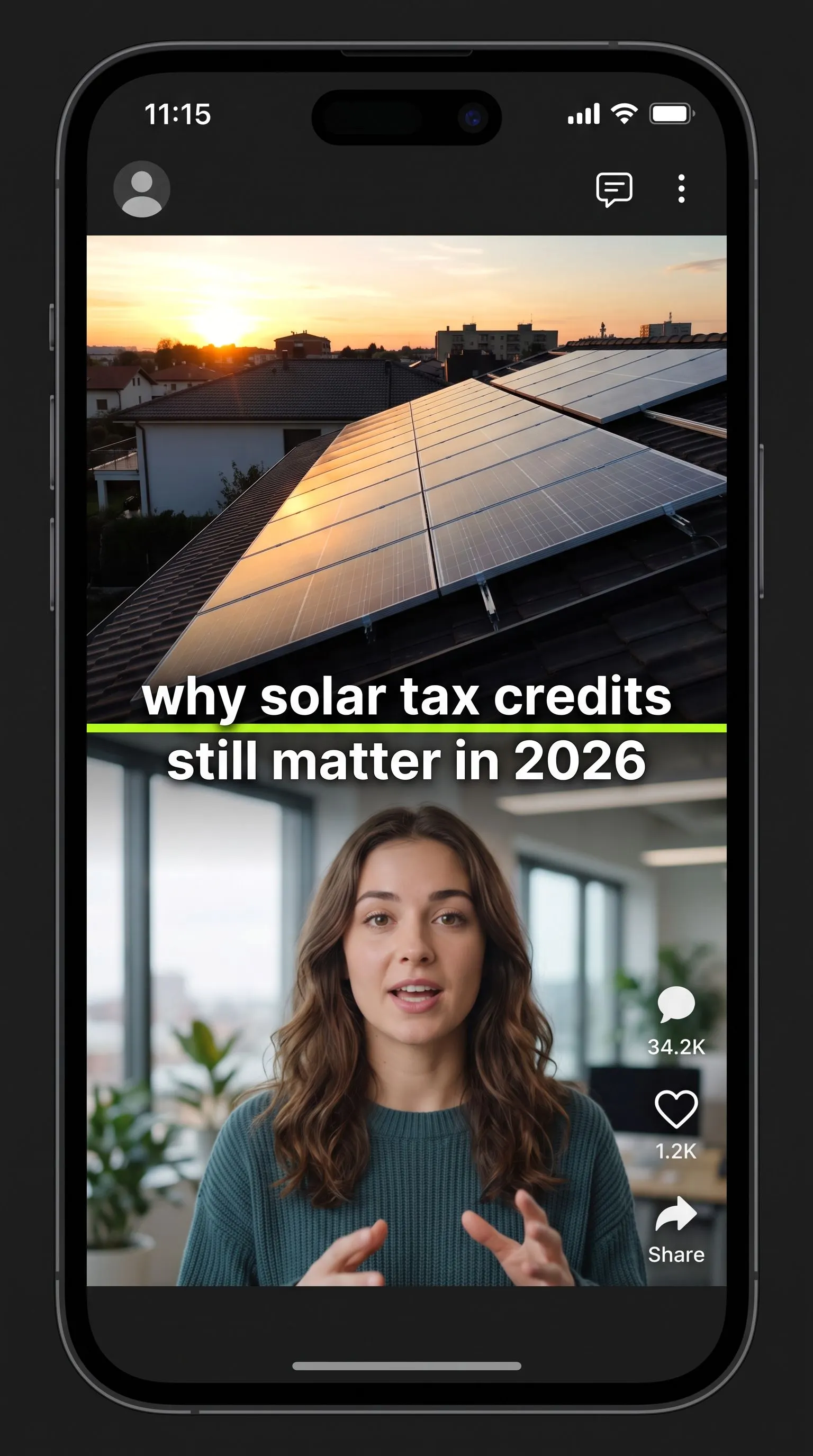 UGC67 English Short output: solar tax credits topic with split-screen B-roll and talking head
