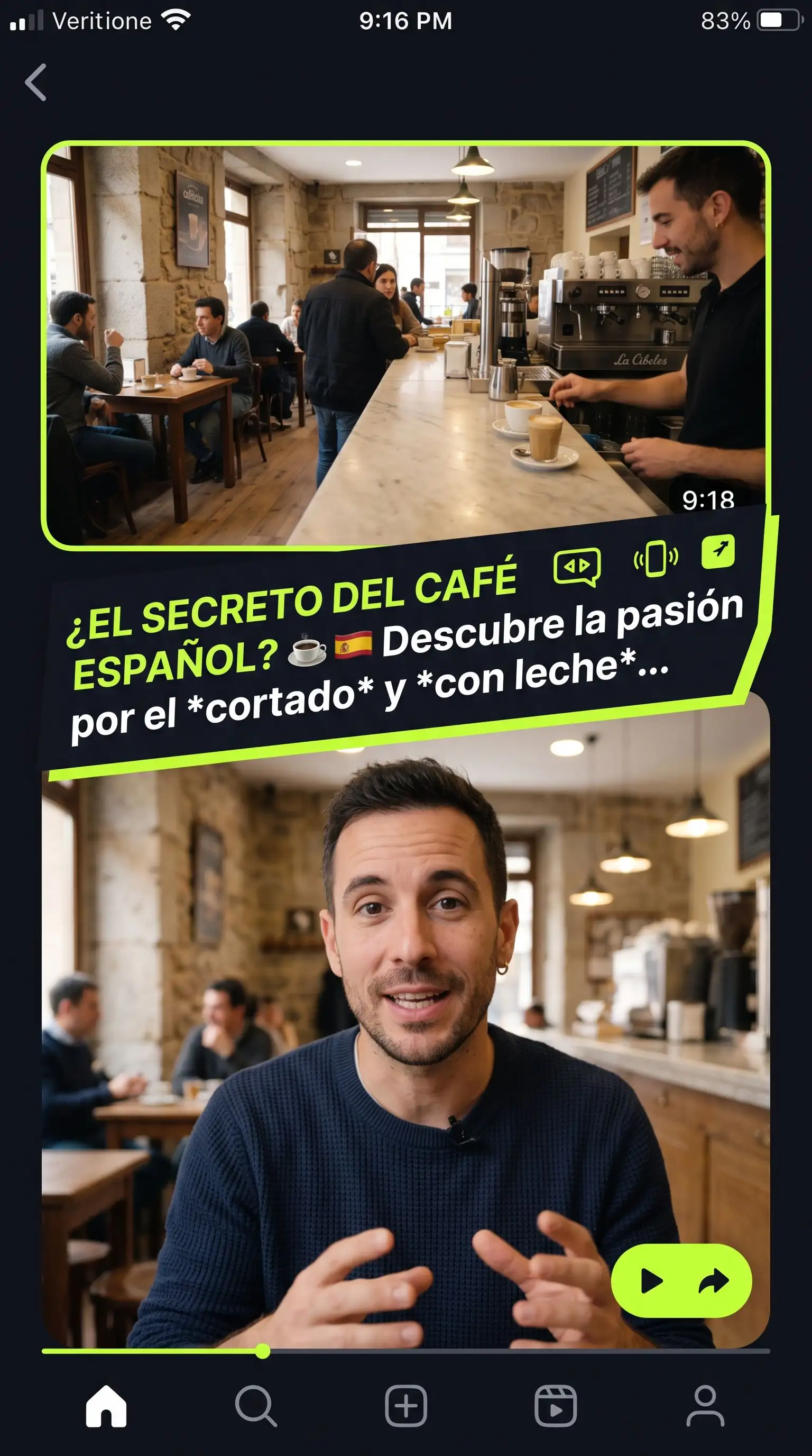 UGC67 Spanish Short output: coffee shop topic with split-screen layout